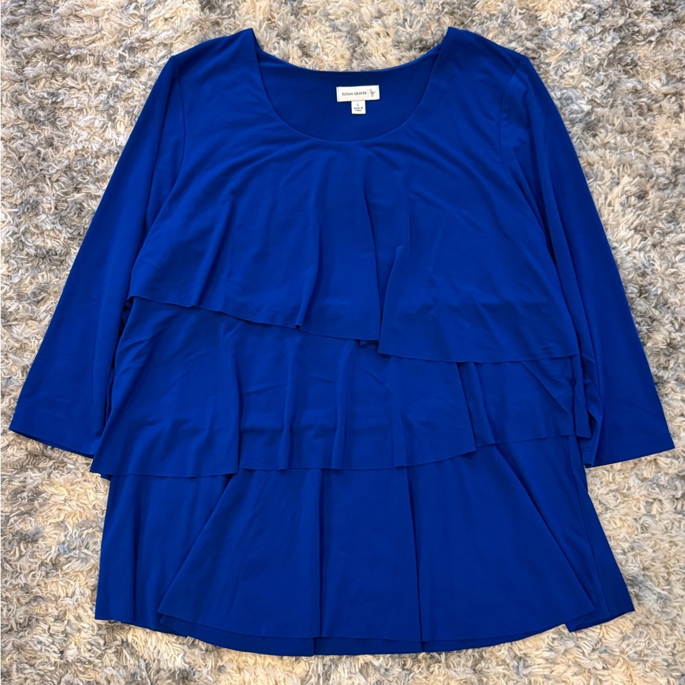 Susan Graver L Women Royal Blue Top Triple Layer 3/4 Sleeve Liquid Knit Shirt